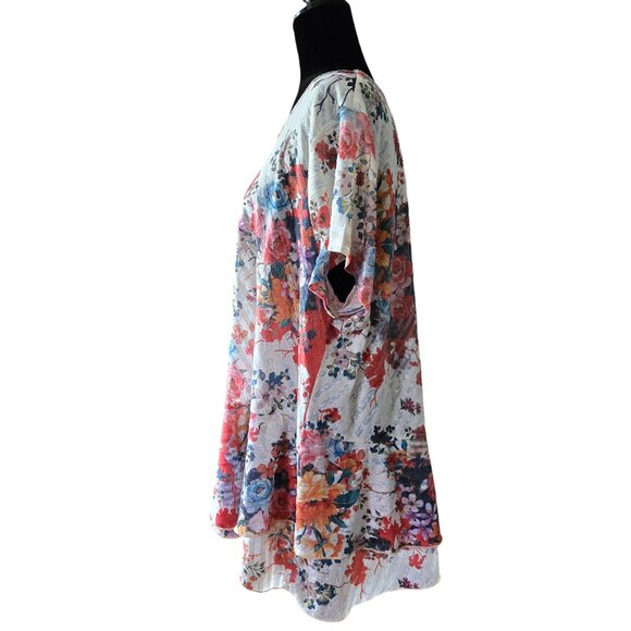 One World Womens 3X Semi-sheer Linen Blend Floral Tunic with Asymmetrical Hem - Picture 2 of 12